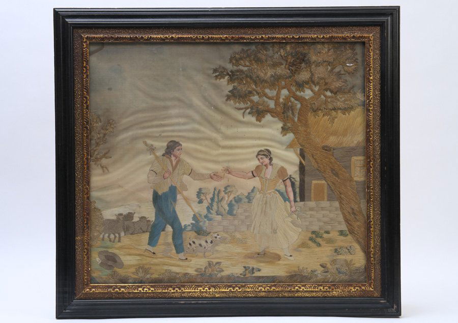 FRAMED EMBROIDERY ON SILK PASTORAL SCENE 1810 (1 of 3)