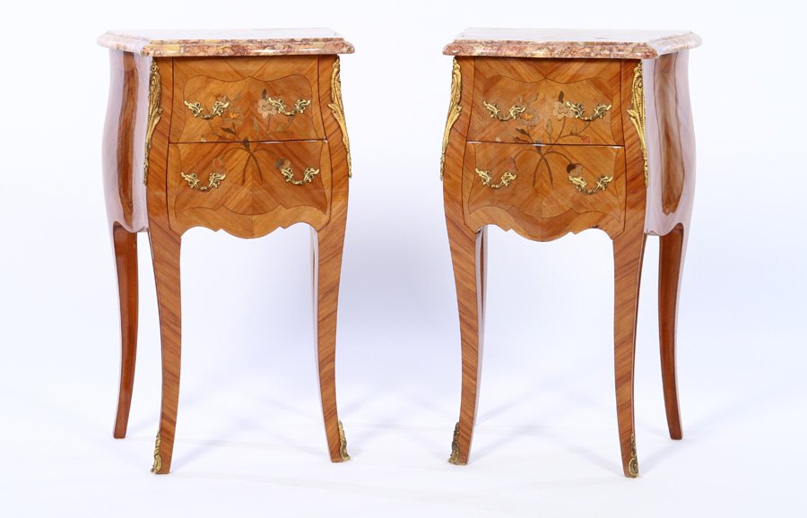 PAIR FRENCH 2 DRAWER MARBLE TOP STANDS 1950 (1 of 7)