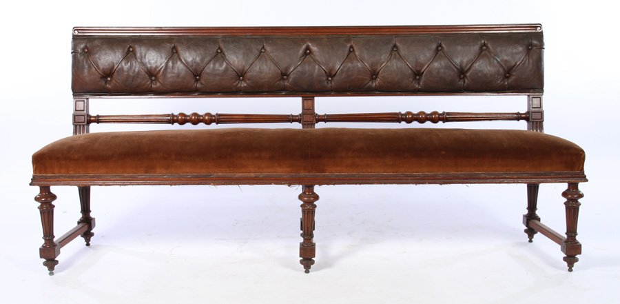 MAHOGANY UPHOLSTERED 6 LEG BENCH LEATHER C. 1900 (1 of 4)