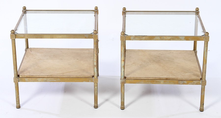 PAIR BRONZE GLASS TOP END TABLES 1970 (1 of 4)