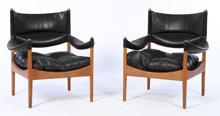 PAIR OAK LEATHER UPHOLSTERED ARM CHAIRS 1950 (1 of 5)