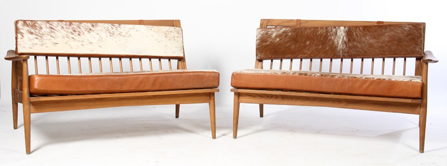 PAIR MID CENTURY COUCHES LEATHER CUSHIONS 1970 (1 of 5)