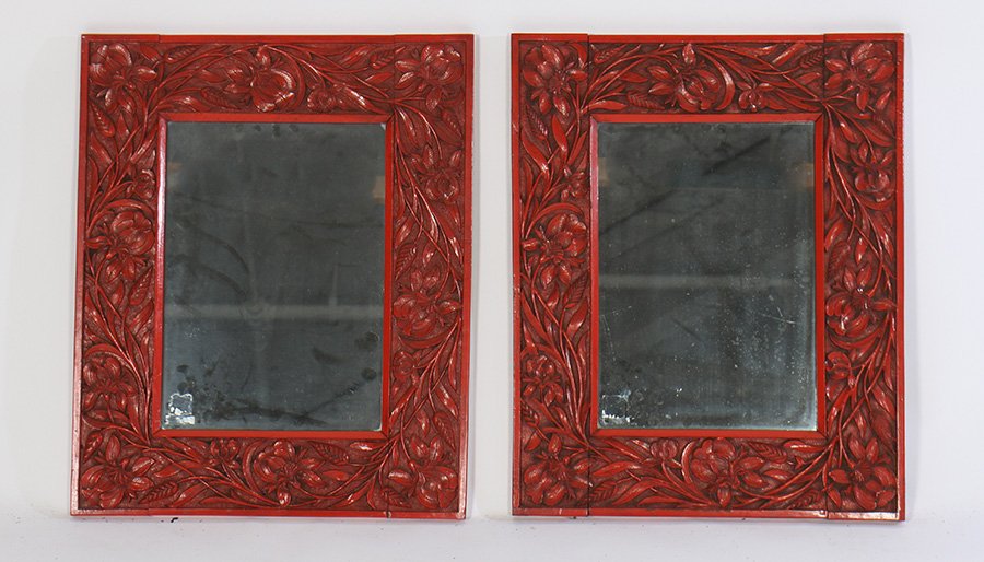 PAIR OF CARVED RED PAINTED MIRRORS CIRCA 1930 (1 of 3)