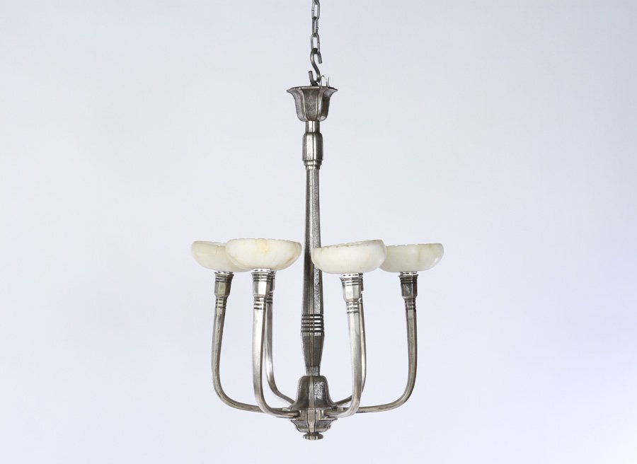 SILVERED METAL 6 ARM ART DECO CHANDELIER 1930: A silvered metal six arm Art Deco chandelier having elongated arms and alabaster shades circa 1930. Ht: 26.5" Width: 20" Depth: 20"