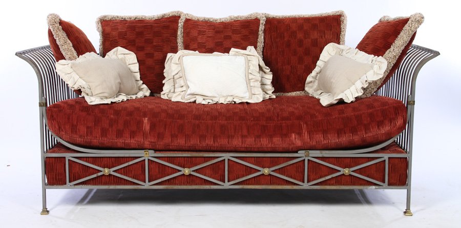 IRON BRONZE REGENCY DAY BED MANNER OF JANSEN: An iron and bronze Regency style day bed in the manner of Jansen having a box spring, mattress and several pillows. Ht: 33" Width: 82" Depth: 33"