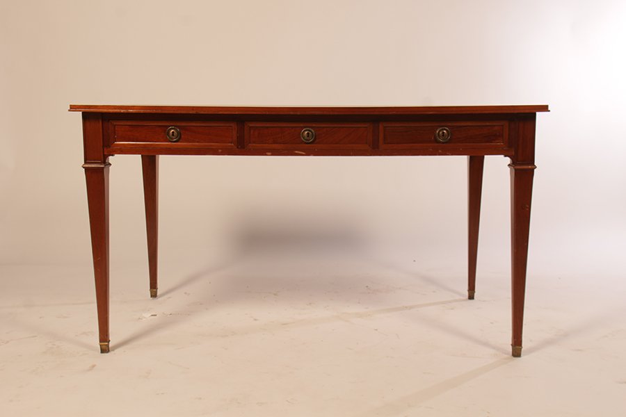 MAHOGANY 3 DRAWER WRITING TABLE LEATHER TOP 1950 (1 of 6)