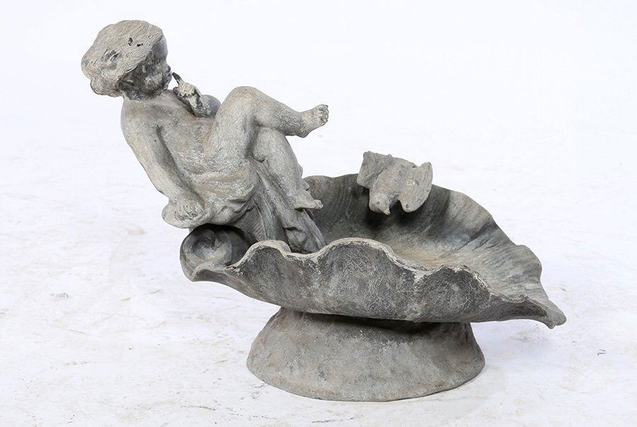 LEAD BIRD BATH CHERUB & DOVE PERCHED ON SHELL (1 of 4)
