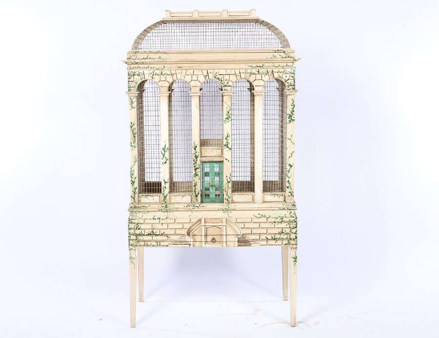 3 PIECE PAINT DECORATED BIRD CAGE ON STAND 1960 (1 of 1)