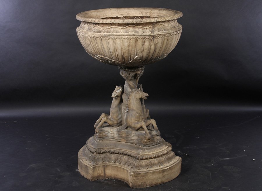ITALIAN TERRACOTTA FOUNTAIN 1890: A good Italian terracotta fountain having a base of three sea horses supporting a bowl that is decorated on the inside and outside circa 1890. Ht: 47" Width: 32"
