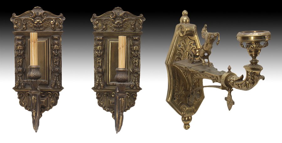 LOT OF 3 BRASS RENAISSANCE REVIVAL WALL SCONCES (1 of 10)