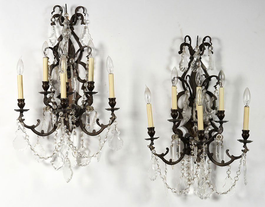 MATCHED PAIR 6-ARM BRONZE CRYSTAL SCONCES C.1930 (1 of 4)