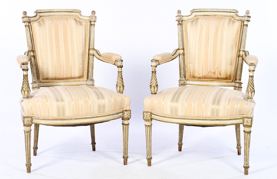 PAIR PAINTED GILT OPEN ARM CHAIRS LOUIS 16 1890 (1 of 5)