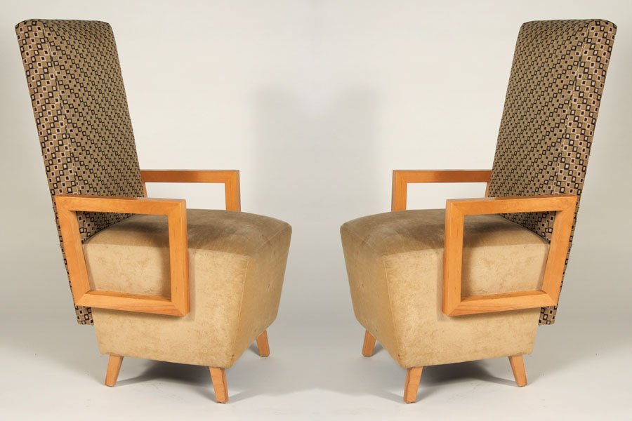 PAIR MAPLE UPHOLSTERED HIGH BACK ARM CHAIRS C1950 (1 of 7)