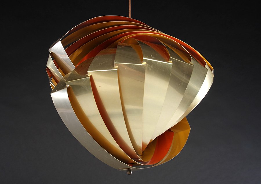 LOUIS WEISDORF KONKYLIE BRASS PENDANT LIGHT 1967: A Louis Weisdorf "Konkylie - P483" brass pendant light. Made by Lyfa, Ballerup circa 1967. Metal lamellae, brass-plated, inside orange and curry yellow. Ht: 16" Width: 16" Depth:16"