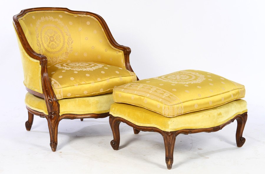 FRENCH WALNUT BERGERE CHAIR & OTTOMAN C.1930 (1 of 4)
