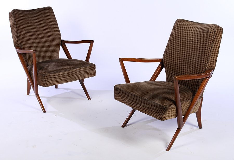 PAIR ITALIAN ICO PARISI UPHOLSTERED CHAIRS C.1960: A pair of Italian Ico Parisi style open arm chairs with upholstered backs and seats circa 1960. Ht: 35" Width: 27" Depth: 32"