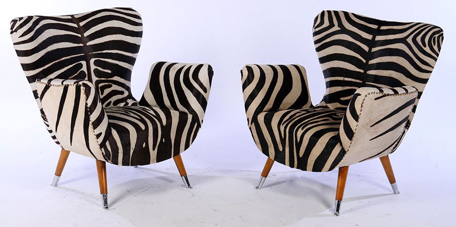 PAIR MID CENTURY LOUNGE CHAIRS COW HIDE ZEBRA (1 of 6)