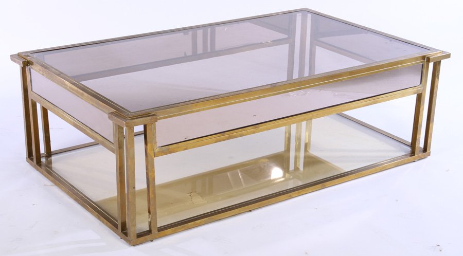 BRONZE & GLASS COFFEE TABLE ARCHITECTURAL C.1970 (1 of 4)