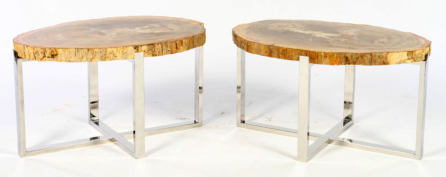 PAIR PETRIFIED WOOD SIDE TABLES FREE EDGE TOP (1 of 3)