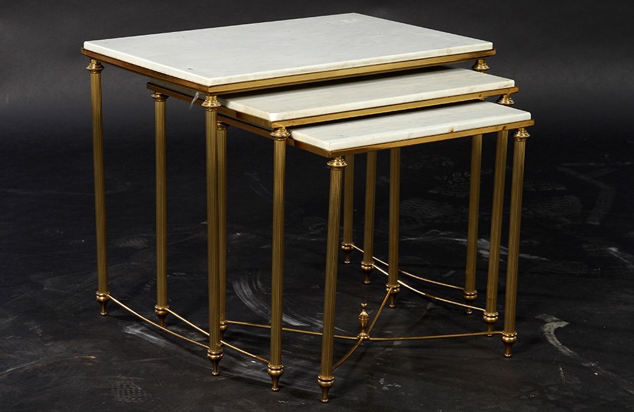 SET 3 FRENCH BRONZE MARBLE NESTING TABLES 1940 (1 of 4)