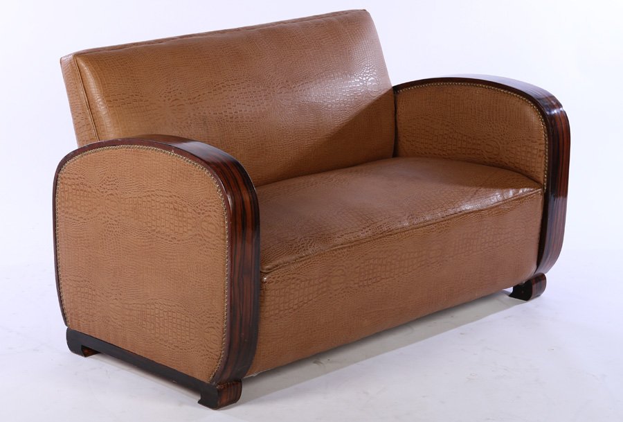 MACASSAR ART DECO SETTEE FAUX ALLIGATOR  NAILHEAD (1 of 5)