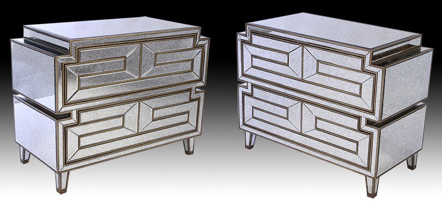 PAIR DISTRESSED MIRRORED COMMODES 2 DRAWERS (1 of 6)
