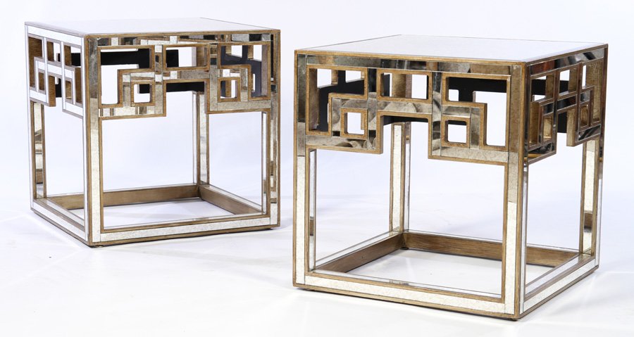PAIR MID CENTRY MIRRORED END TABLES BEVELED TOPS (1 of 3)