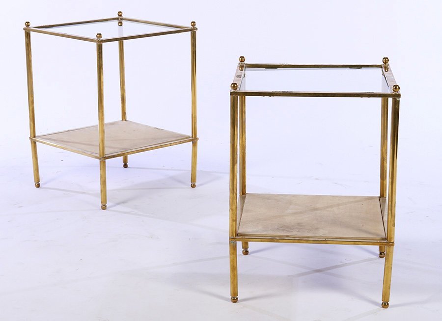 PAIR BRASS END TABLE PARCHMENT COVERED C.1970 (1 of 5)