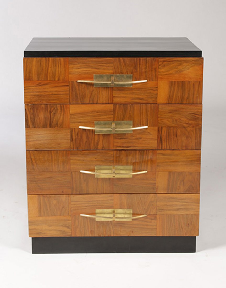 MODERN COMMODE 4 PARQUETRY DRAWERS BRONZE: A mid century modern commode having ebonized case with four parquetry front drawers and elegant bronze pulls. Ht: 33.5" Width: 27.5" Depth: 18"