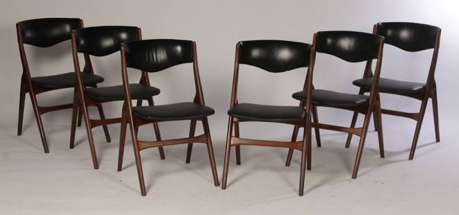 6 MID CENTURY DINING CHAIRS LOUIS VAN TEEFFELEN: A set of six mid century modern mahogany WeBe dining chairs by Louis van Teeffelen. Ht: 31" Width: 18" Depth: 21"