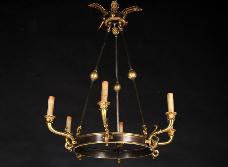 BRONZE JANSEN FRENCH EMPIRE CHANDELIER C.1950 (1 of 5)