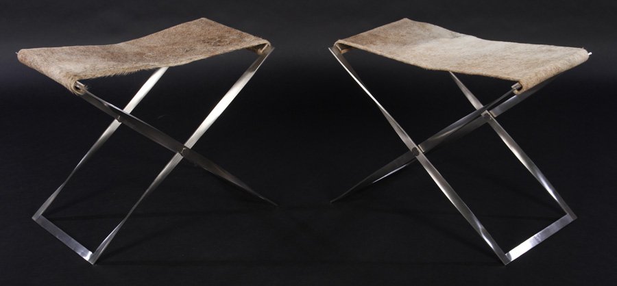 PAIR NICKEL COW HIDE BENCHES POUL KJAERHOLM (1 of 5)