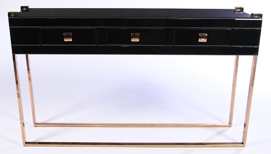 BLACK GLASS BRASS CONSOLE TABLE MANNER OF JACQUES ADNET (1 of 3)