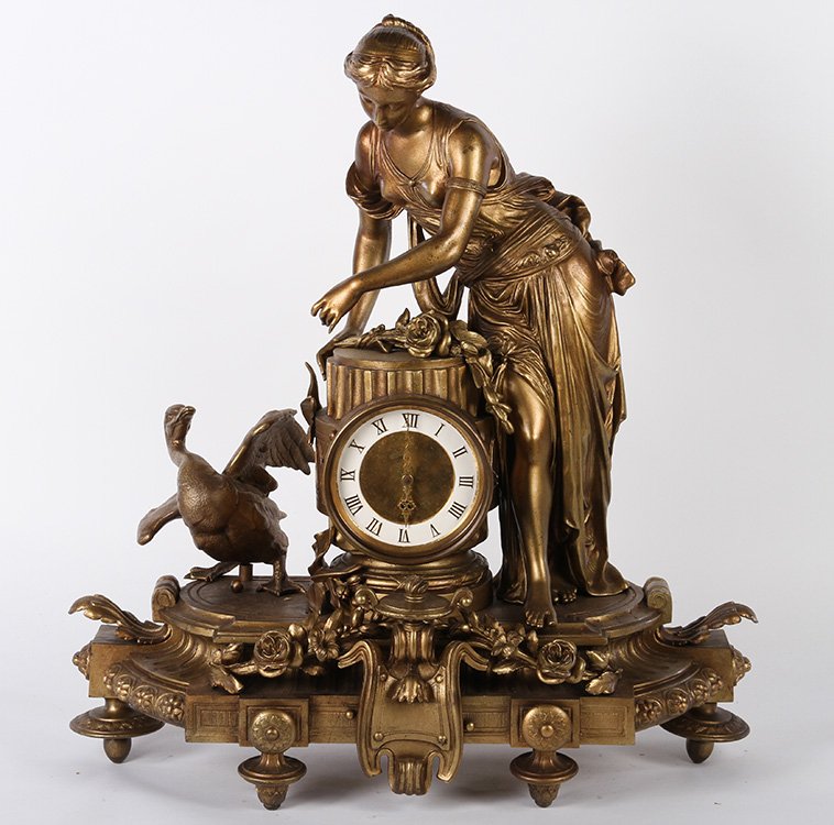 VICTORIAN FIGURAL MANTLE CLOCK FEMALE & DUCK (1 of 8)