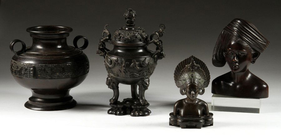 2 CHINESE BRONZE URNS AFRICAN BUST FEMALE BUST (1 of 4)