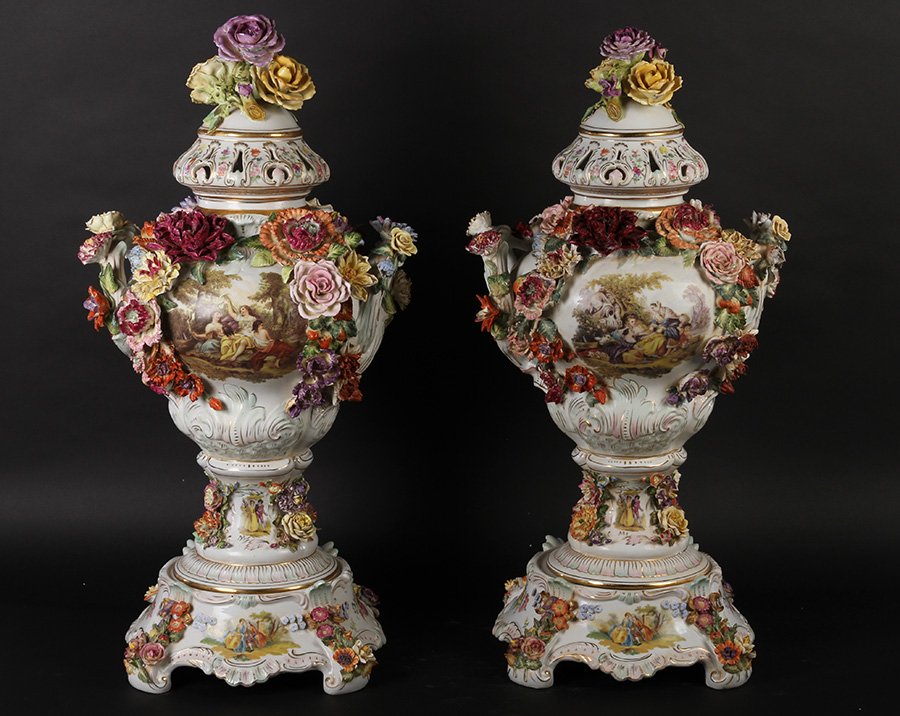 PAIR 3 PIECE 2 HANDLED DRESDAN VASES 1940 (1 of 10)