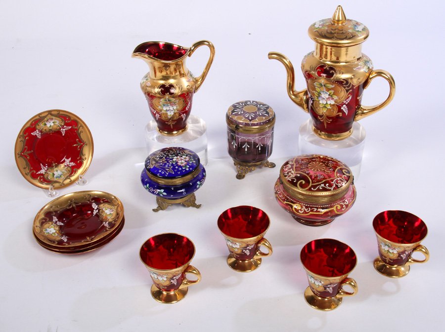 13 RUBY RED MOSER GLASS ITEMS TEA SET 1930 (1 of 7)