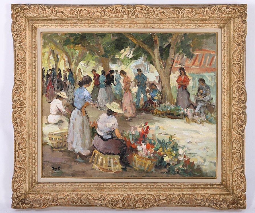 MARCEL DYF FRENCH OIL CANVAS SIGNED: Marcel Dyf (French, 1899-1985). "The Flower Market". Oil on canvas, signed lower left "DYF". Neuman Gallery tag en verso. Image size: 23.5" x 28.75" Ht: 32" Width: 37.5" (framed) Registered in the cat