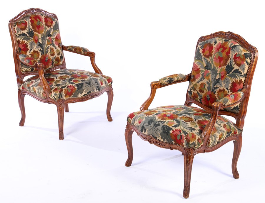 PAIR CARVED WALNUT LOUIS 15 OPEN ARM CHAIRS 1920 (1 of 7)