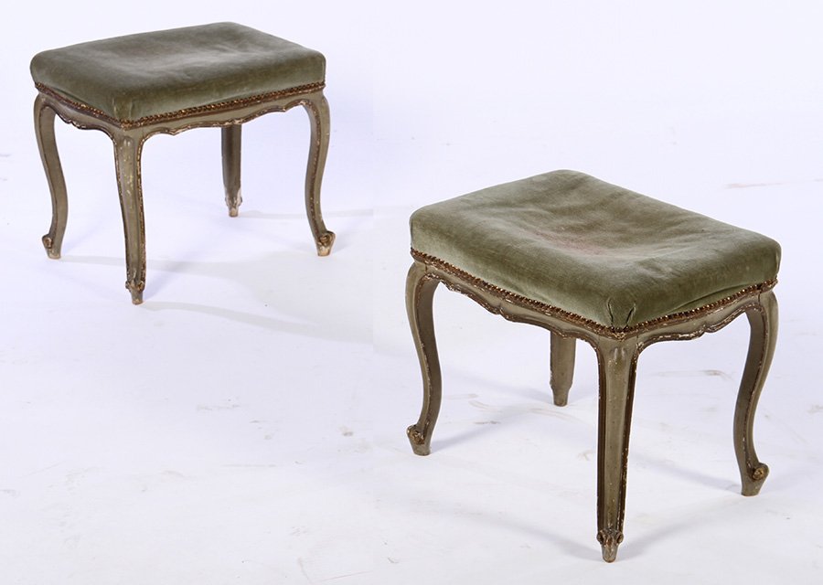 PAIR FRENCH LOUIS XV CARVED PAINTED BENCHES (1 of 5)