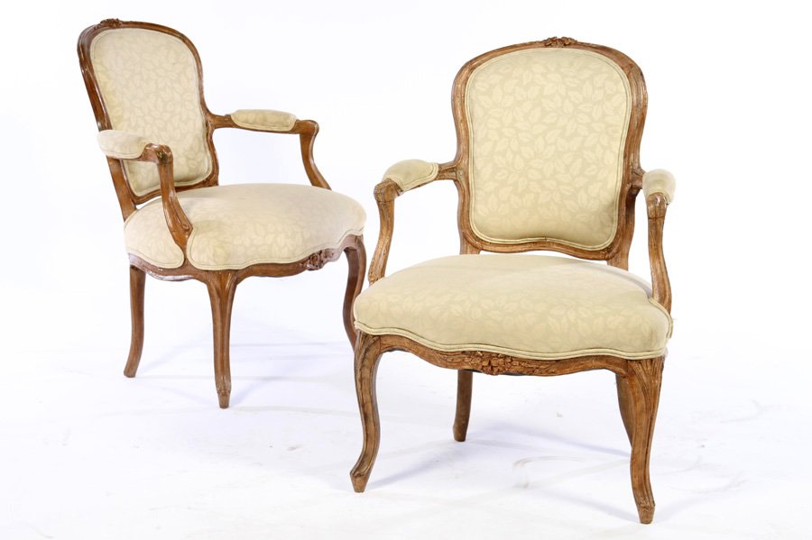 PAIR 18TH C. FRENCH OPEN ARMCHAIRS UPHOLSTERED (1 of 4)