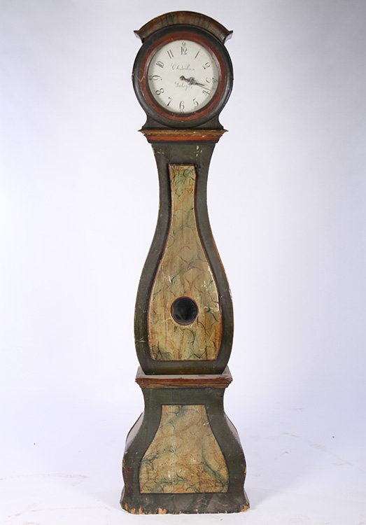 19TH CENT. CARVED PAINTED TALL CASE CLOCK (1 of 6)