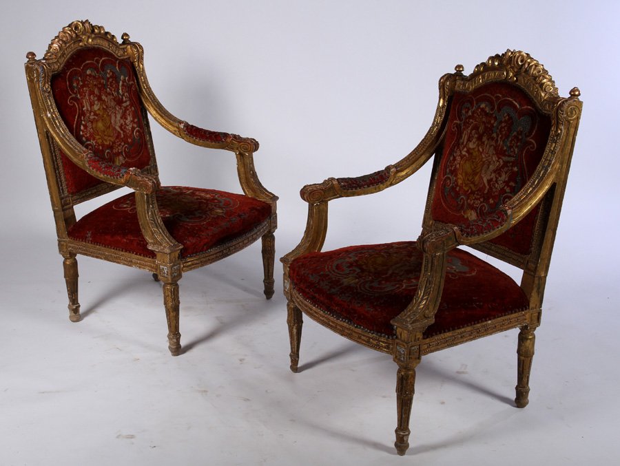 PAIR GILTWOOD OPEN ARMCHAIRS LOUIS XV STYLE (1 of 8)