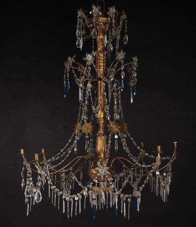 8 ARM ITALIAN GILT WOOD CRYSTAL CHANDELIER C.1900 (1 of 8)