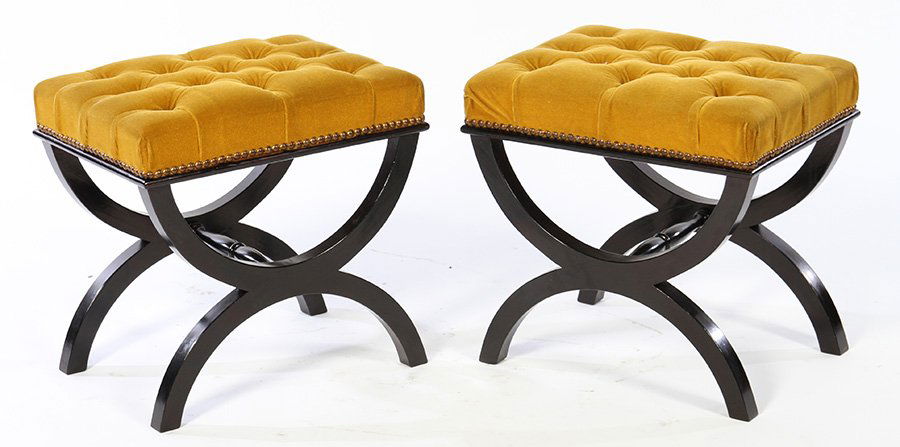 PAIR EBONIZED UPHOLSTERED CURULE BENCHES 1950 (1 of 4)