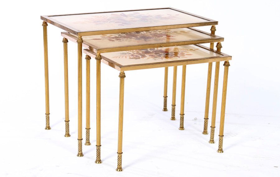 SET 3 BRONZE NESTING TABLES GLASS TOP 1950 (1 of 5)