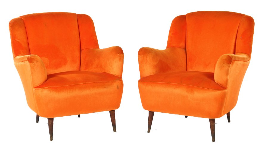 PAIR ITALIAN ORANGE UPHOLSTERED CLUB CHAIRS 1960 (1 of 4)