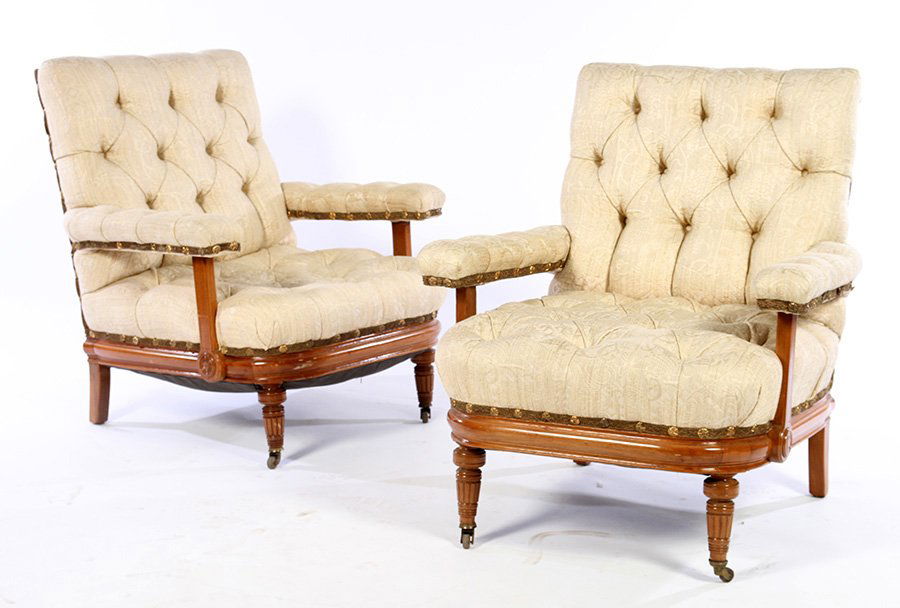 PAIR EDWARDIAN UPHOLSTERED OPEN ARM CHAIRS (1 of 4)