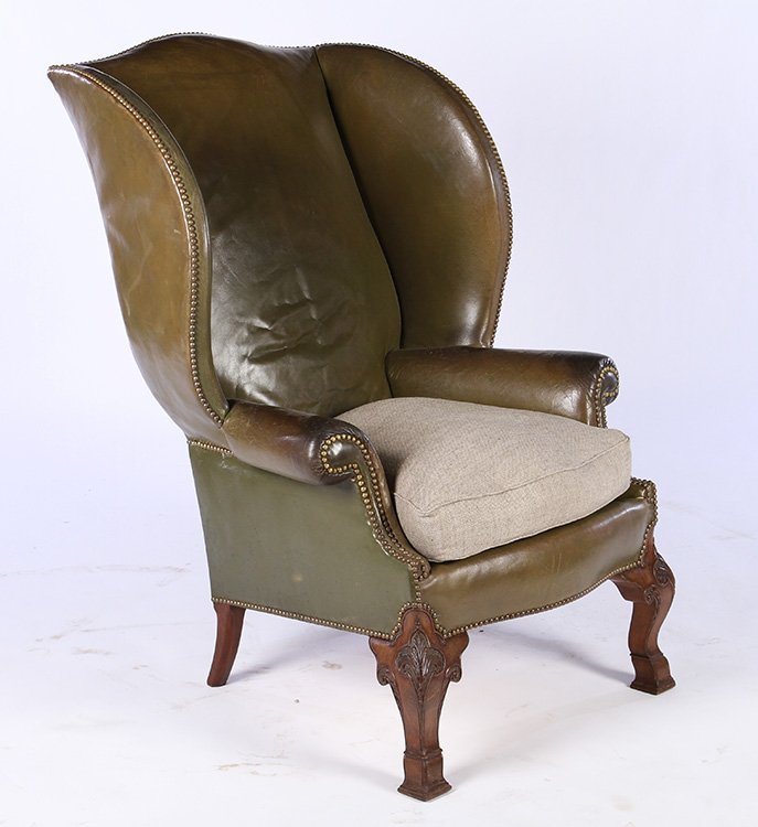 19TH C. GREEN LEATHER MAHOGANY WING CHAIR (1 of 5)