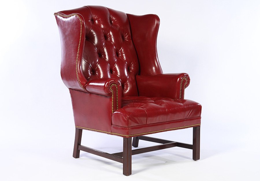 CHIPPENDALE STYLE RED LEATHER TUFTED WING CHAIR (1 of 4)